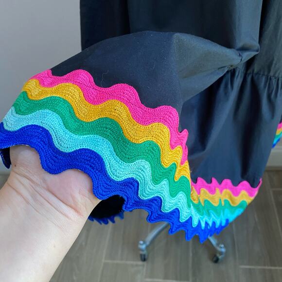 Crown & Ivy Tiered Swing Dress Black Rainbow Hem Bow Back Size XS - Picture 5 of 9